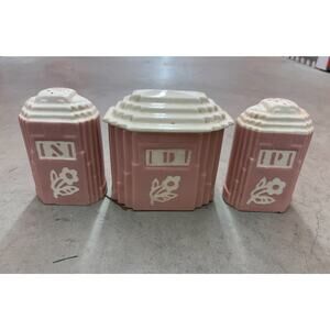 Harker Pottery Cameoware Pink Art Deco Canister & Shakers Depression Era Rare